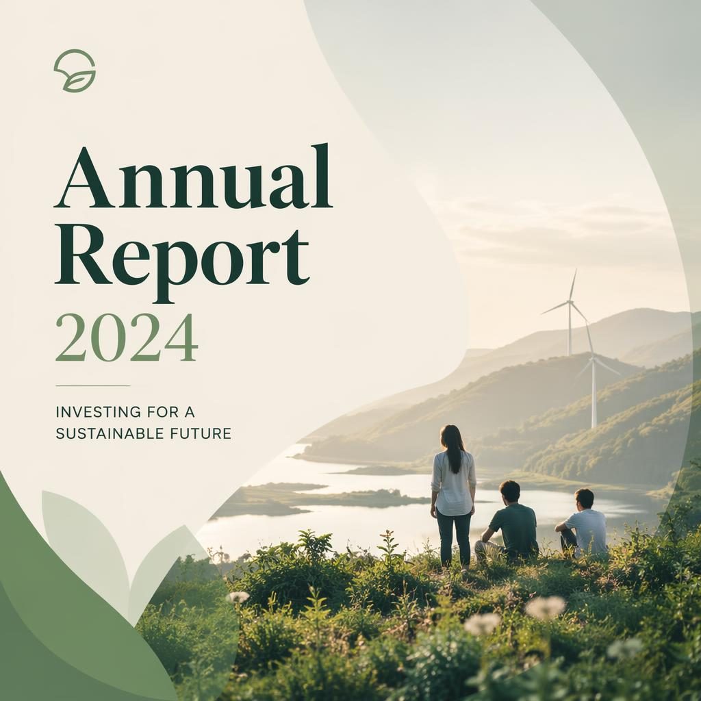 A4 portrait annual report cover design with a soft green and cream palette, clean placeholder typography, year, subtitle, and hero visual.