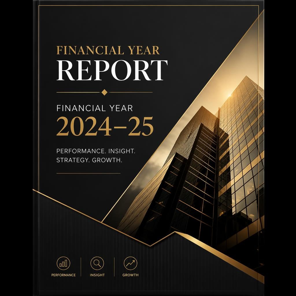 A4 portrait annual report cover in black and gold with elegant editorial layout, placeholder title, year, and subtitle.