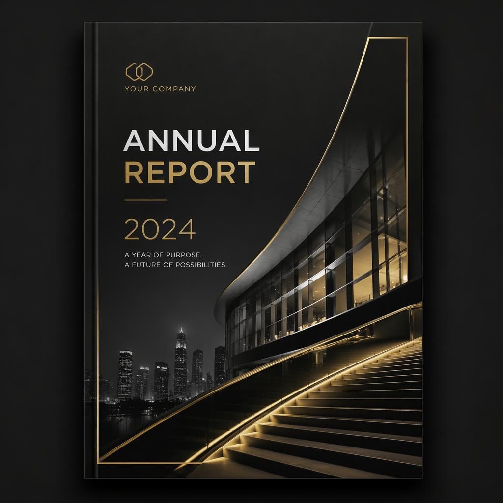 A4 portrait annual report page layout cover in black and gold with clean placeholder title, year, subtitle, and hero visual.