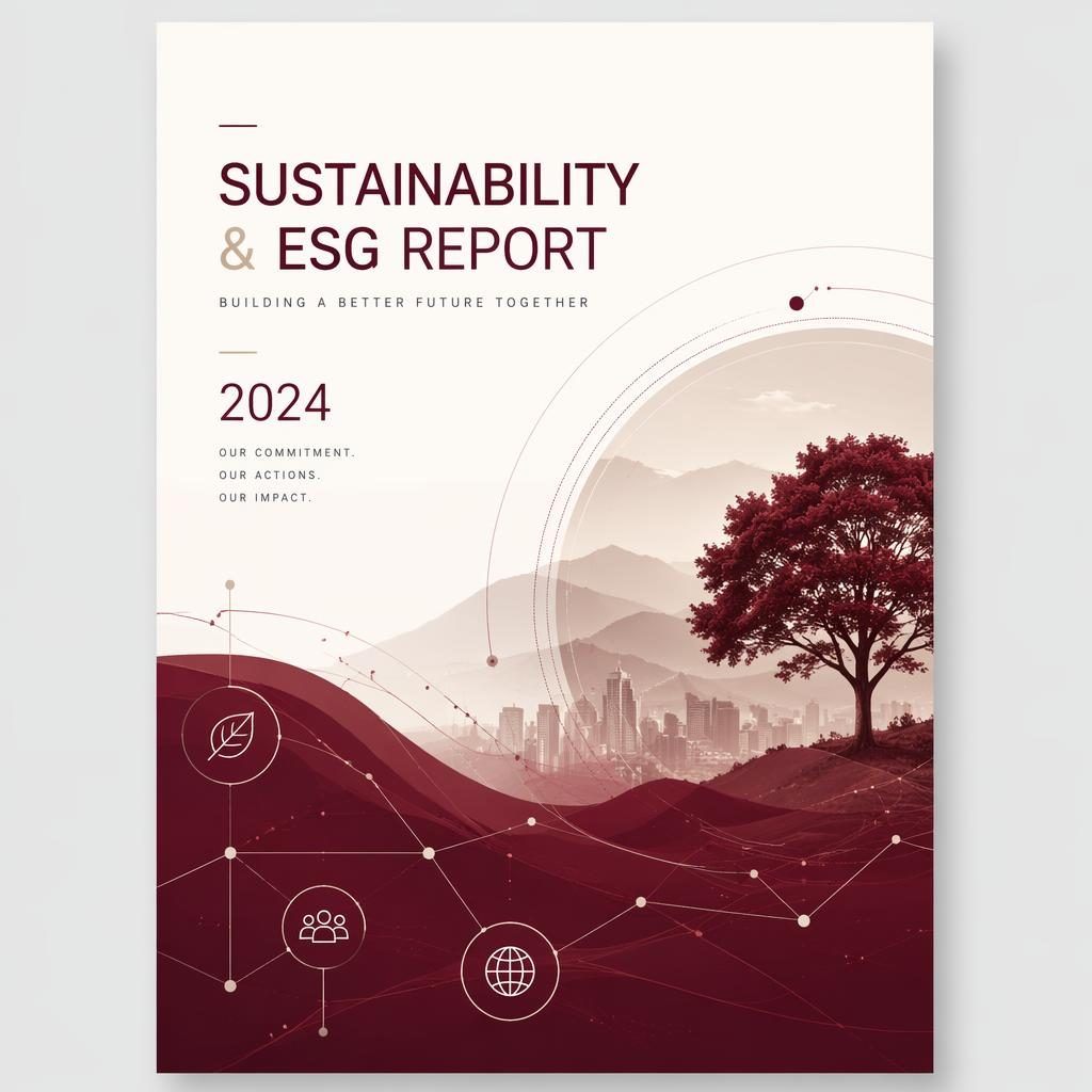 A4 portrait ESG report cover illustration with burgundy and warm white palette, modern tech styling, and clean placeholder typography.