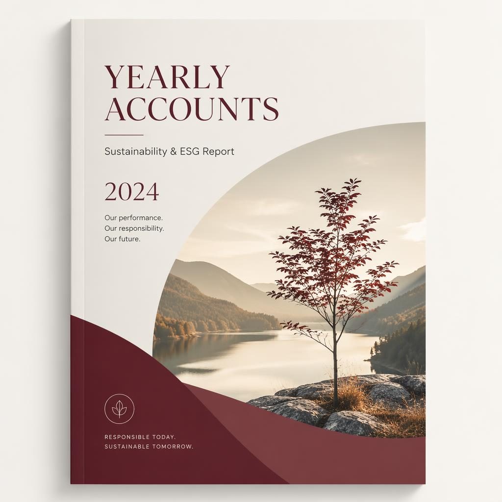 A4 portrait ESG report cover illustration with burgundy and warm white palette, soft sustainability theme, and clean placeholder typography.