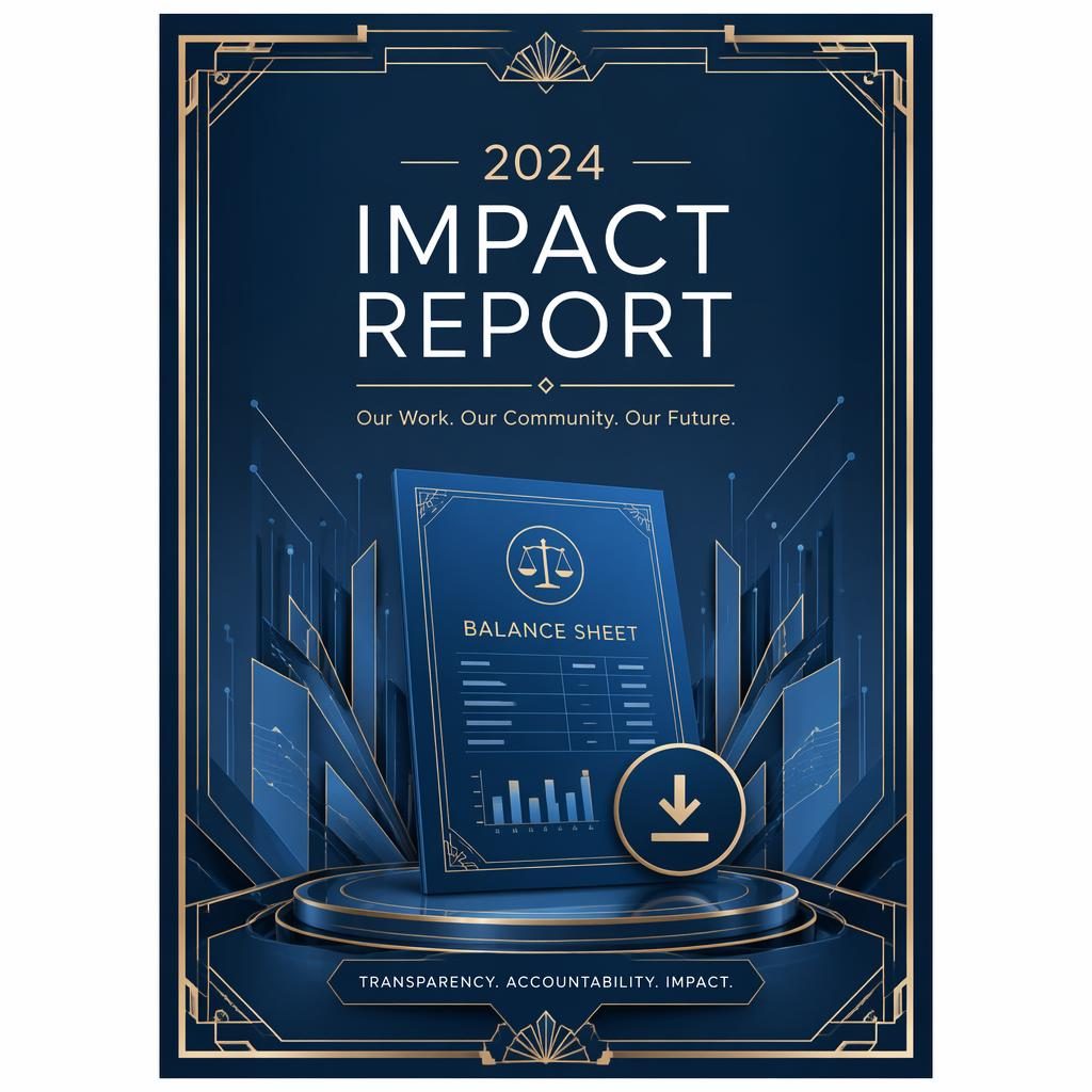 A4 portrait annual report cover in art deco style with a tech blue palette, editorial layout, hero graphic, and placeholder title.