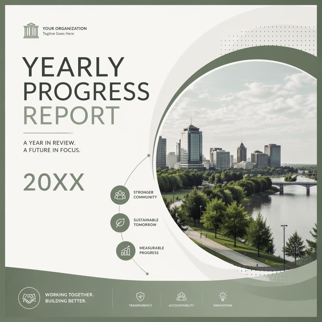 A4 portrait annual report cover template with sage and ivory palette, modern tech editorial layout, placeholder title and subtitle.
