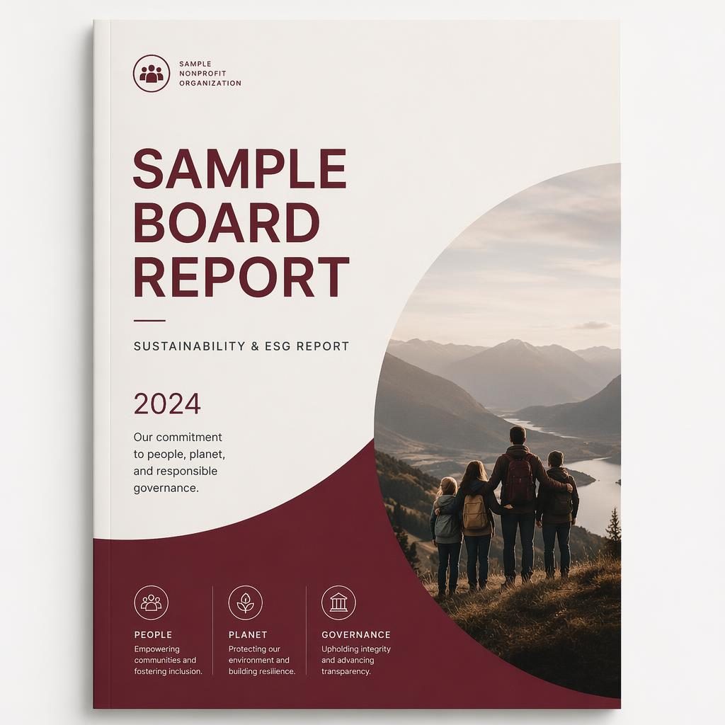 A4 portrait nonprofit ESG report cover with minimalist Swiss layout in burgundy and warm white, placeholder title, year, and subtitle.