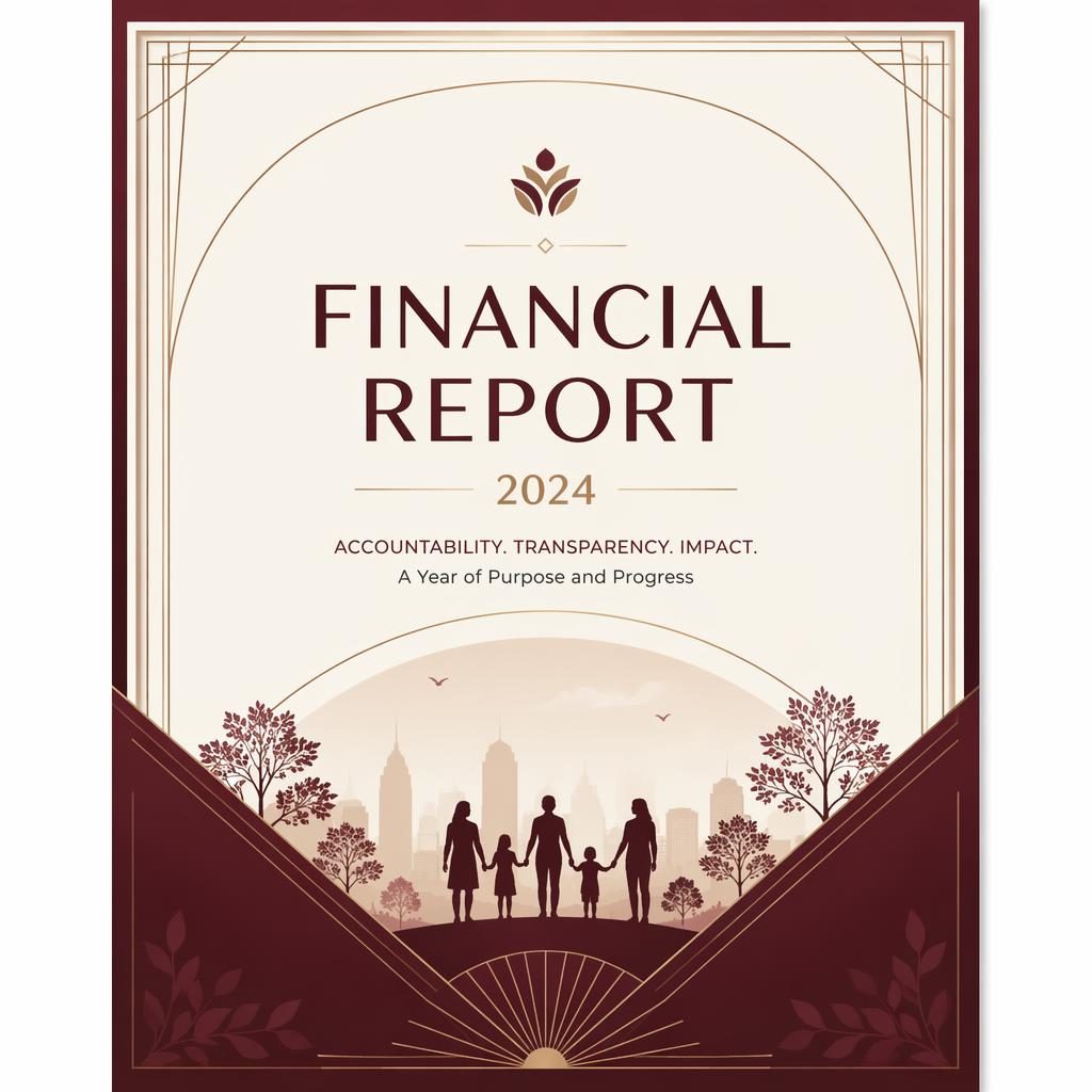 A4 portrait annual report cover in art deco style with burgundy and warm white palette, ESG-themed hero visual and placeholder title.