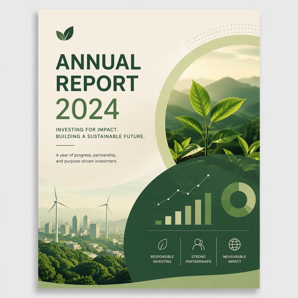 A4 portrait annual report cover in green and cream with data journalism layout, placeholder title, year, subtitle, and hero visual.