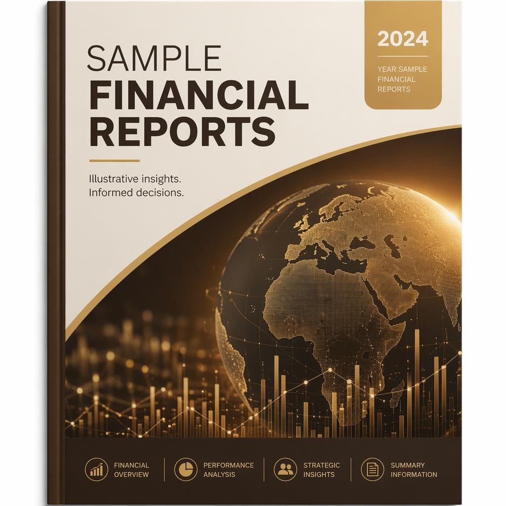 A4 portrait annual report cover with abstract tech hero visual, warm earth and gold palette, placeholder title, year, and subtitle.