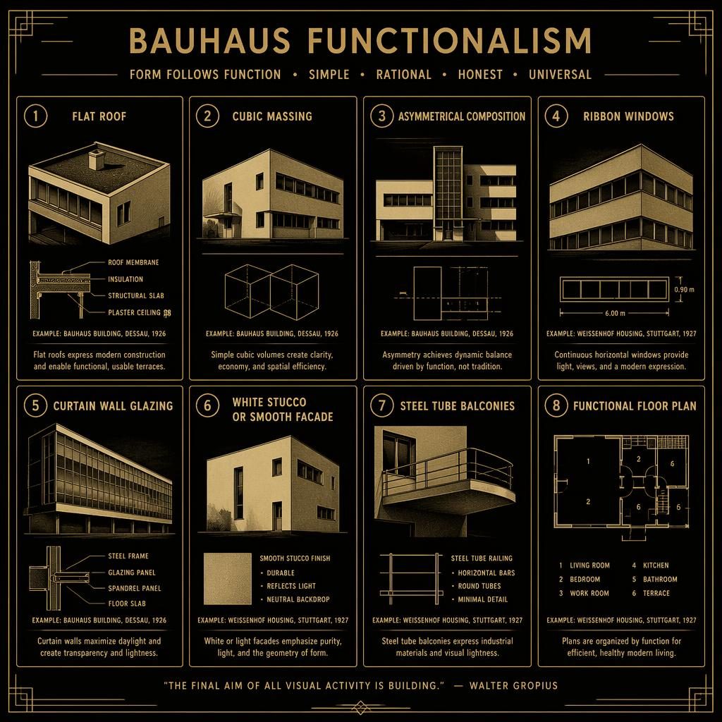 Vintage gold-on-black infographic grid with 8 Bauhaus functionalism cards showing architectural diagrams and labels.