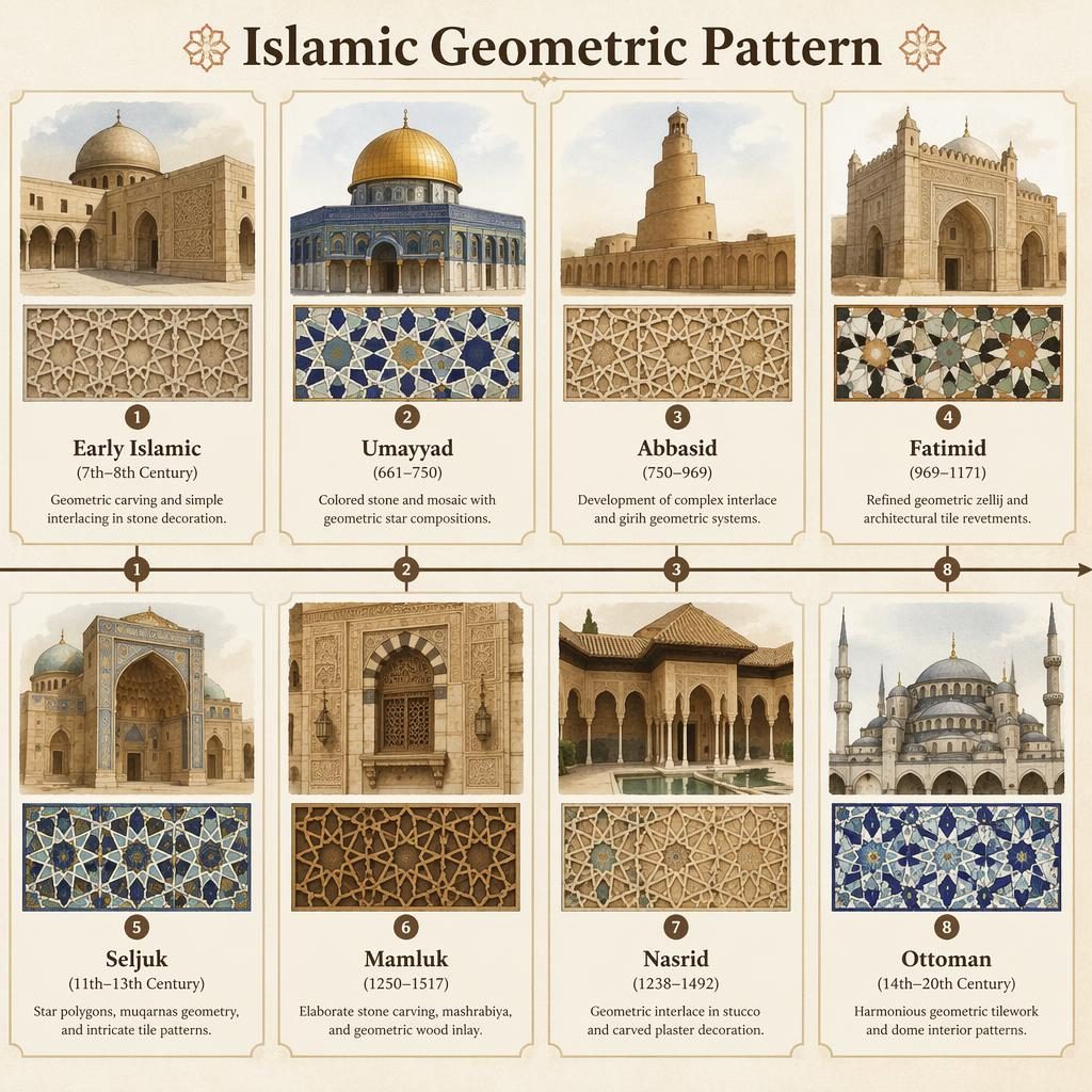 Editorial-style 8-card grid infographic showing Islamic geometric pattern evolution in sepia watercolor architectural diagrams.