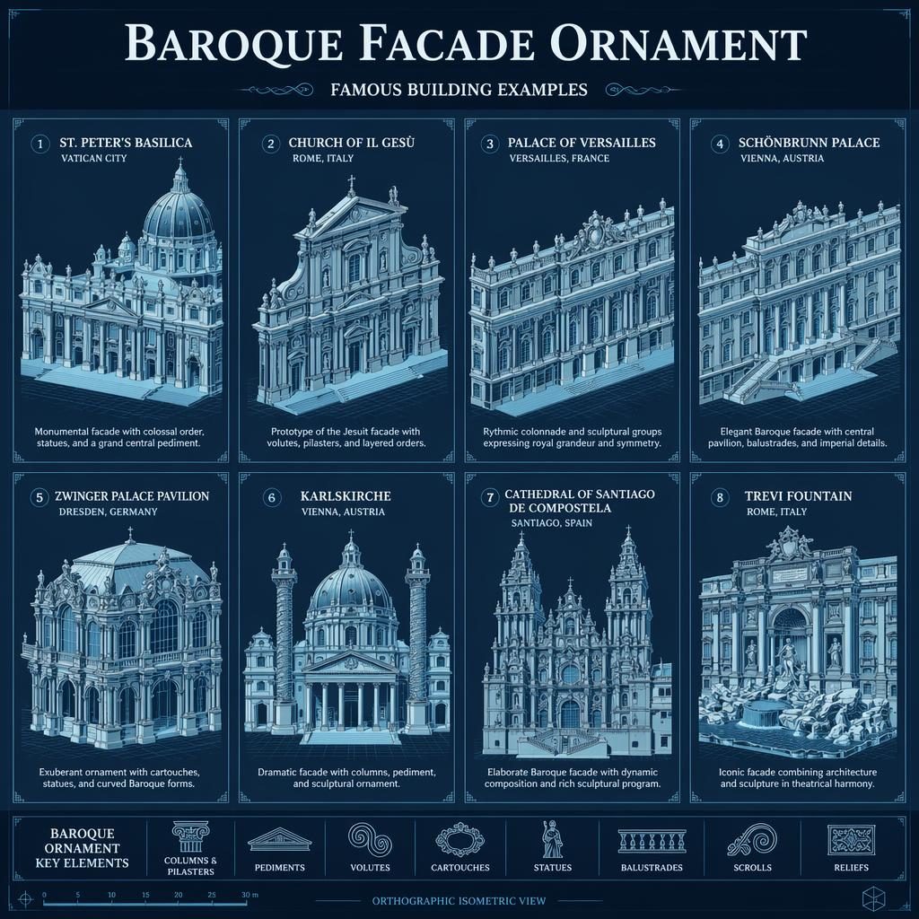 Grid infographic of 8 Baroque facade cards in cyan blueprint style with labeled famous buildings and ornate details.