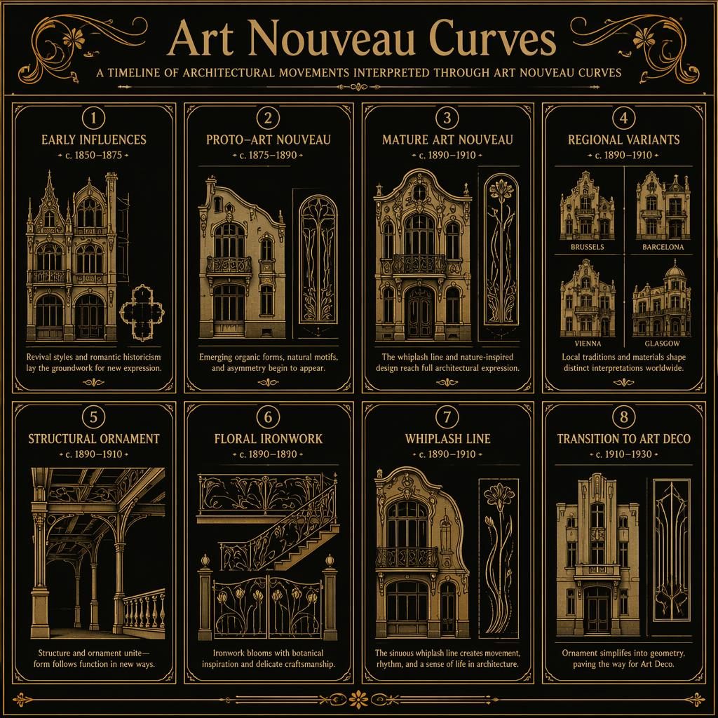 Eight-card grid infographic on Art Nouveau architecture chronology in gold and black, with icons, labels, borders, and curves.