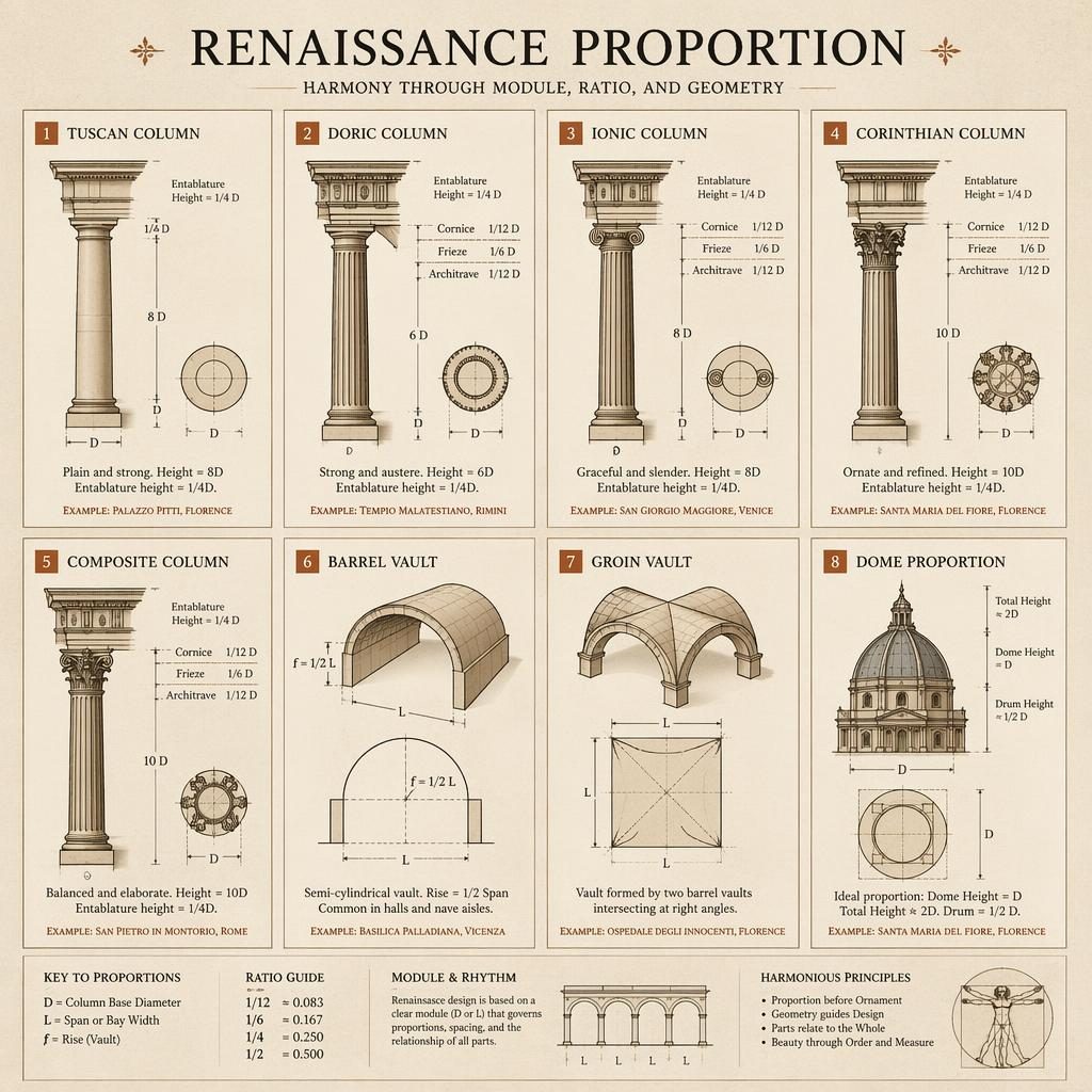 Editorial infographic grid of 8 Renaissance proportion cards with column orders, vaults, dome diagrams, ratios, and labels.