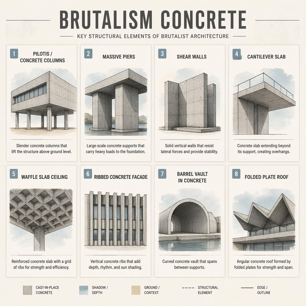 Eight-card infographic grid showing brutalist concrete elements with orthographic icons, English labels, and muted gray blue tones.