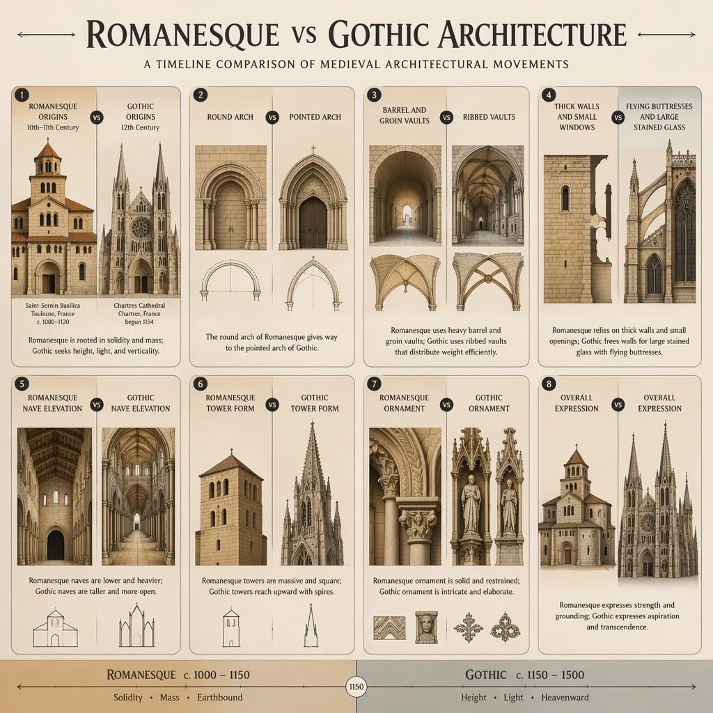 8-card grid infographic comparing Romanesque and Gothic architecture with arches, vaults, walls, windows, and buttresses