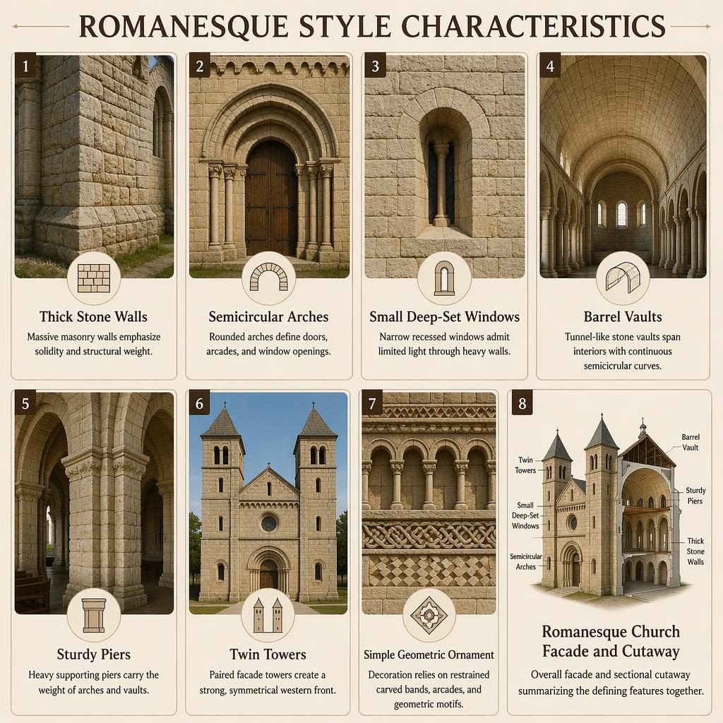 Infografika s 8 kartami ukazuje románský sloh znaky na detailech kostelní fasády a řezu v teplých kamenných tónech.