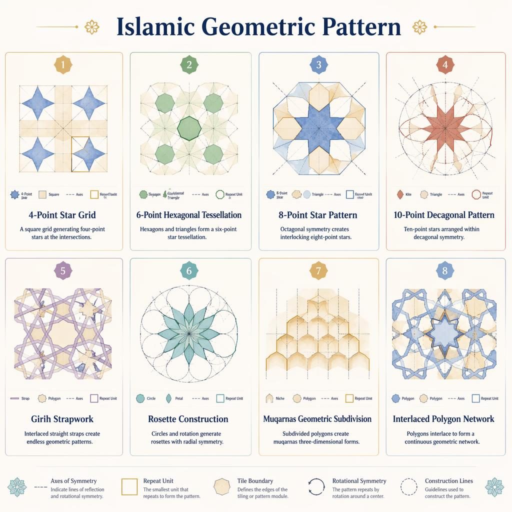 Editorial infographic with 8 cards showing Islamic geometric patterns, diagrams, symmetry lines, repeat units, and English labels.