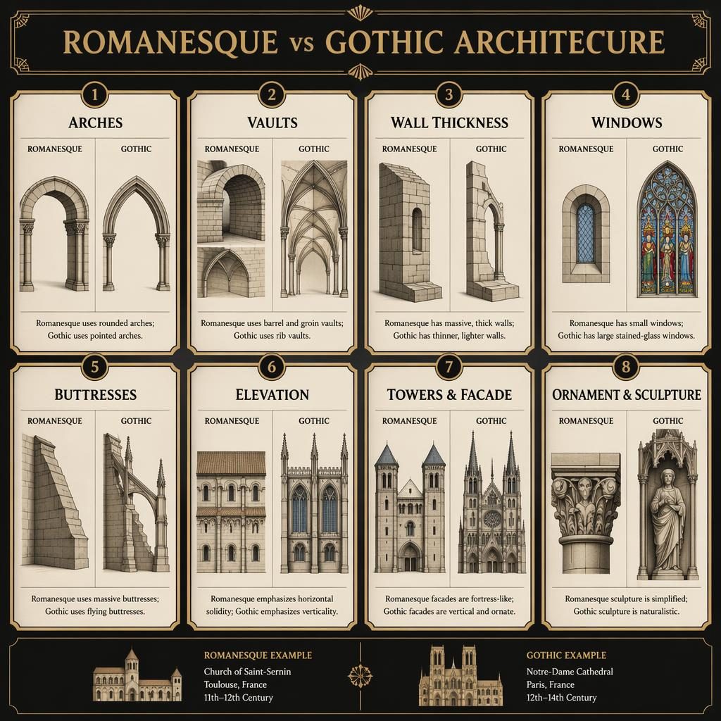 8-card infographic grid comparing Romanesque and Gothic architecture in gold and black vintage textbook style.