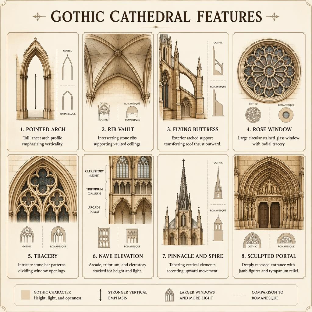 Infografía en cuadrícula con 8 tarjetas de rasgos góticos, ilustración acuarelada sepia y crema con diagramas arquitectónicos.