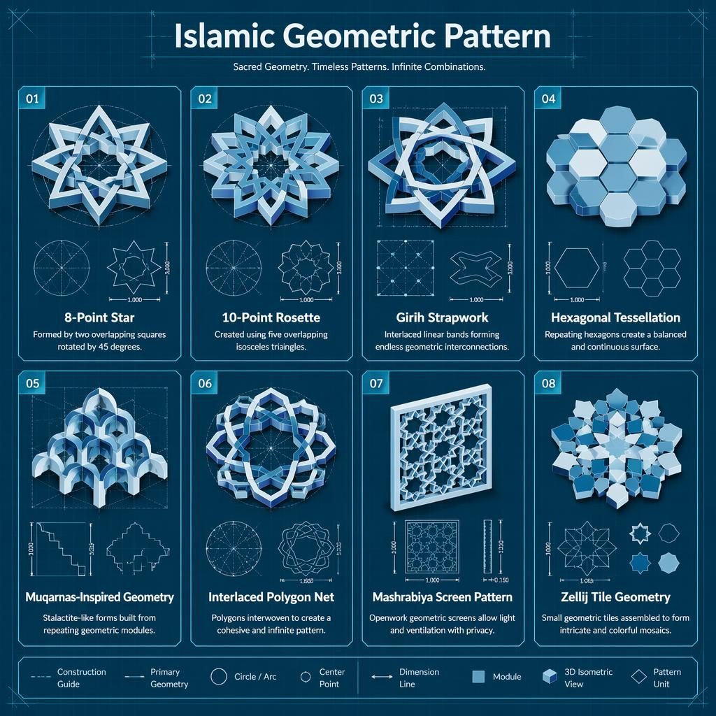 Isometric cyan infographic grid of 8 cards showing Islamic geometric pattern diagrams, labels, and construction guides.