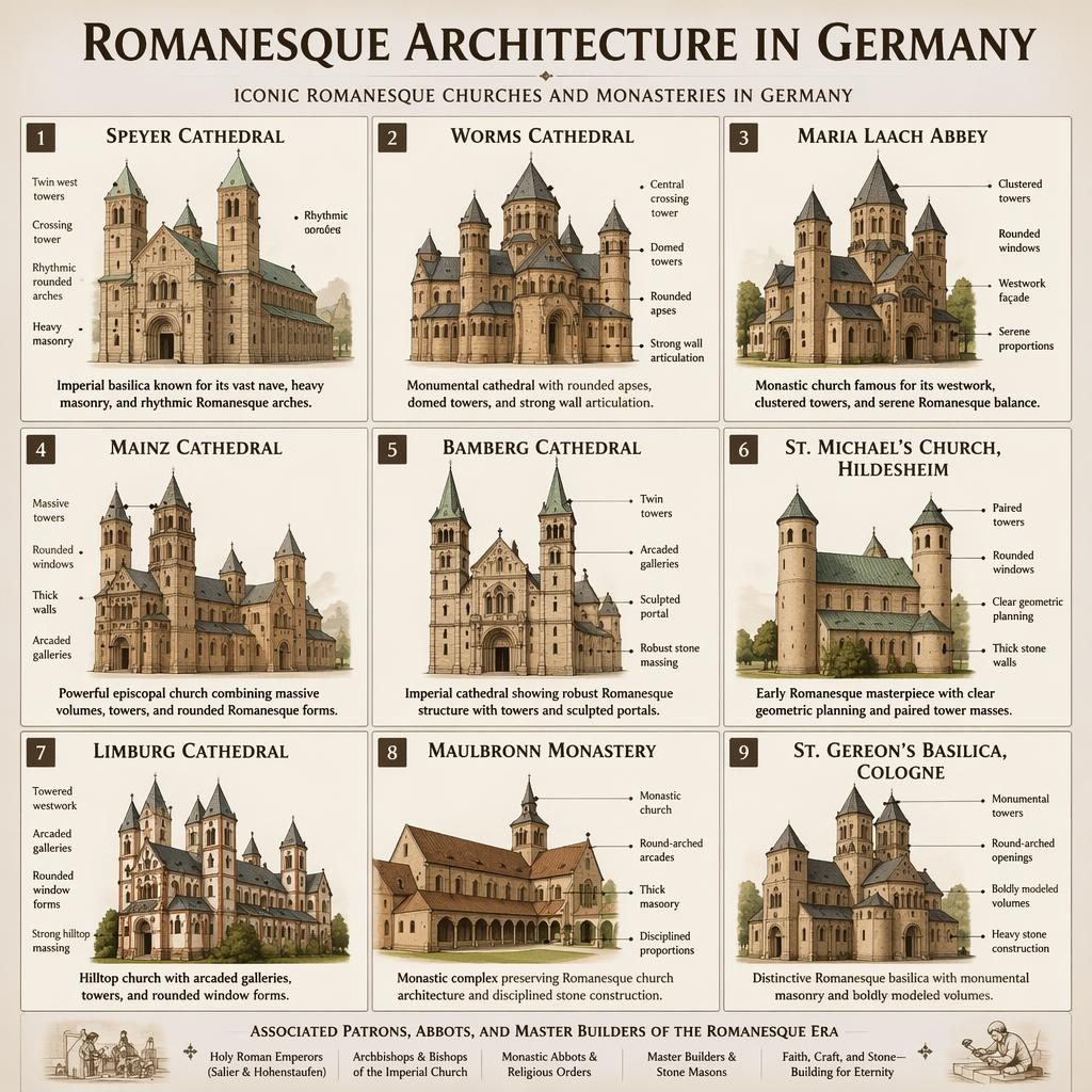 Infografik mit 9 Karten zu romanischen Kirchen und Klöstern in Deutschland, mit Ansichten, Beschriftungen und warmen Steintönen.