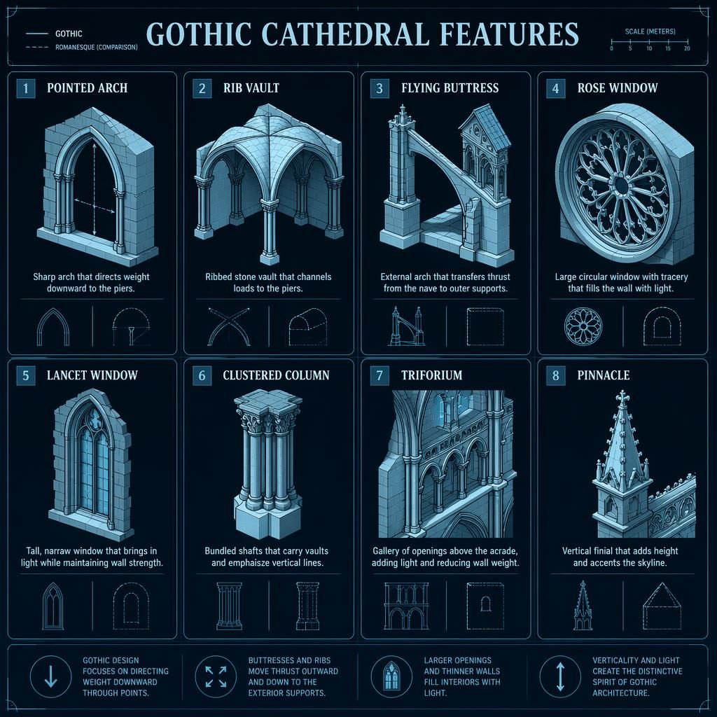 Raster-Infografik mit 8 isometrischen Karten zu gotischen Kathedralmerkmalen im cyanfarbenen Blueprint-Stil.