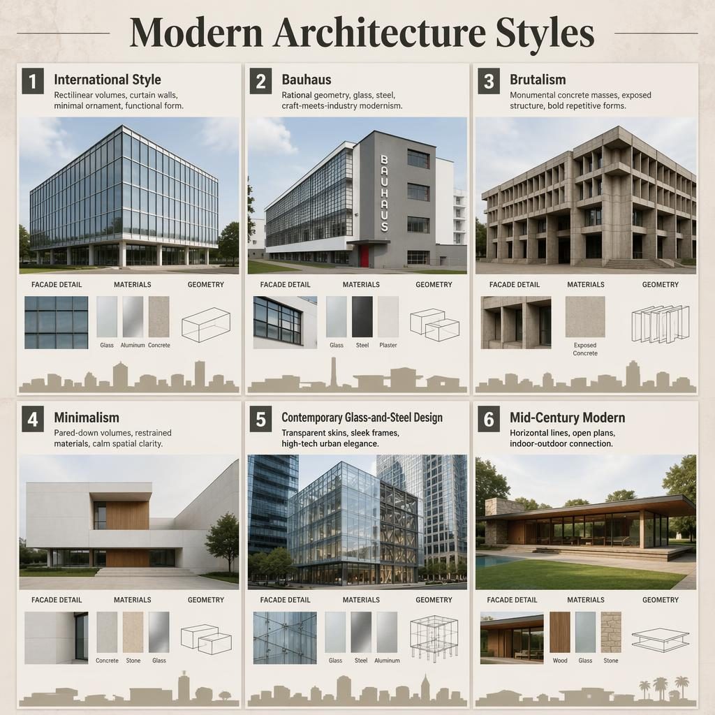 Editorial-Infografik mit 6 Karten zu moderner architektur, Fassaden, Materialhinweisen, Diagrammen und Skyline-Silhouetten.