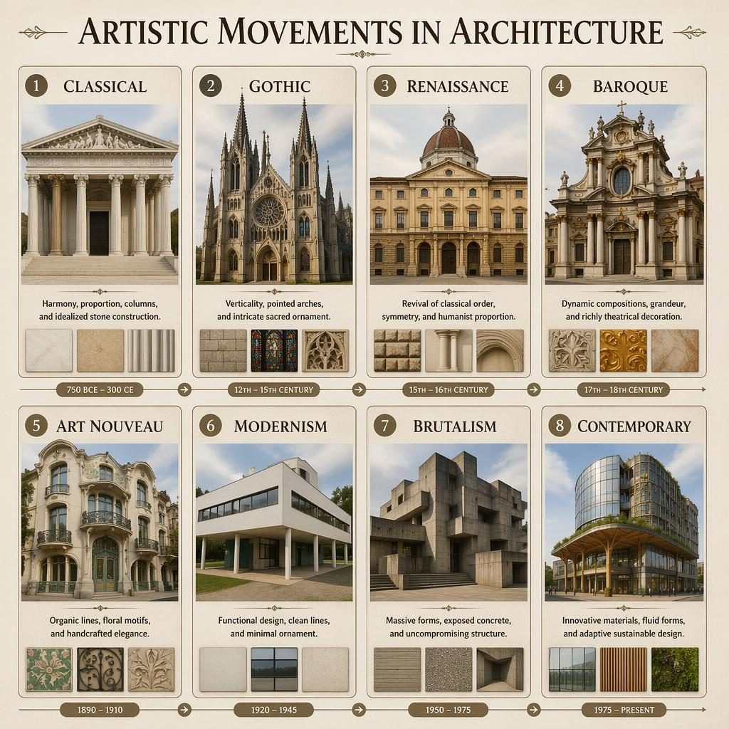 Infografika s 8 kartami architektonickych stylu v casove ose, od klasiky po soudobou architekturu.