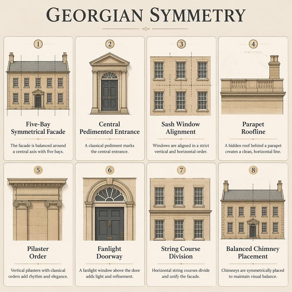 Grid infographic with 8 Georgian architecture cards, line diagrams, English labels, warm stone tones, and measured facade details.