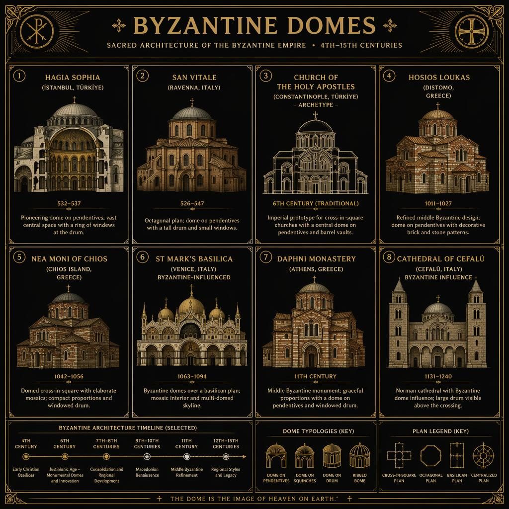 Grid infographic of 8 Byzantine dome buildings in gold on black, with labeled cards, elevations, cutaways, and timeline cues.