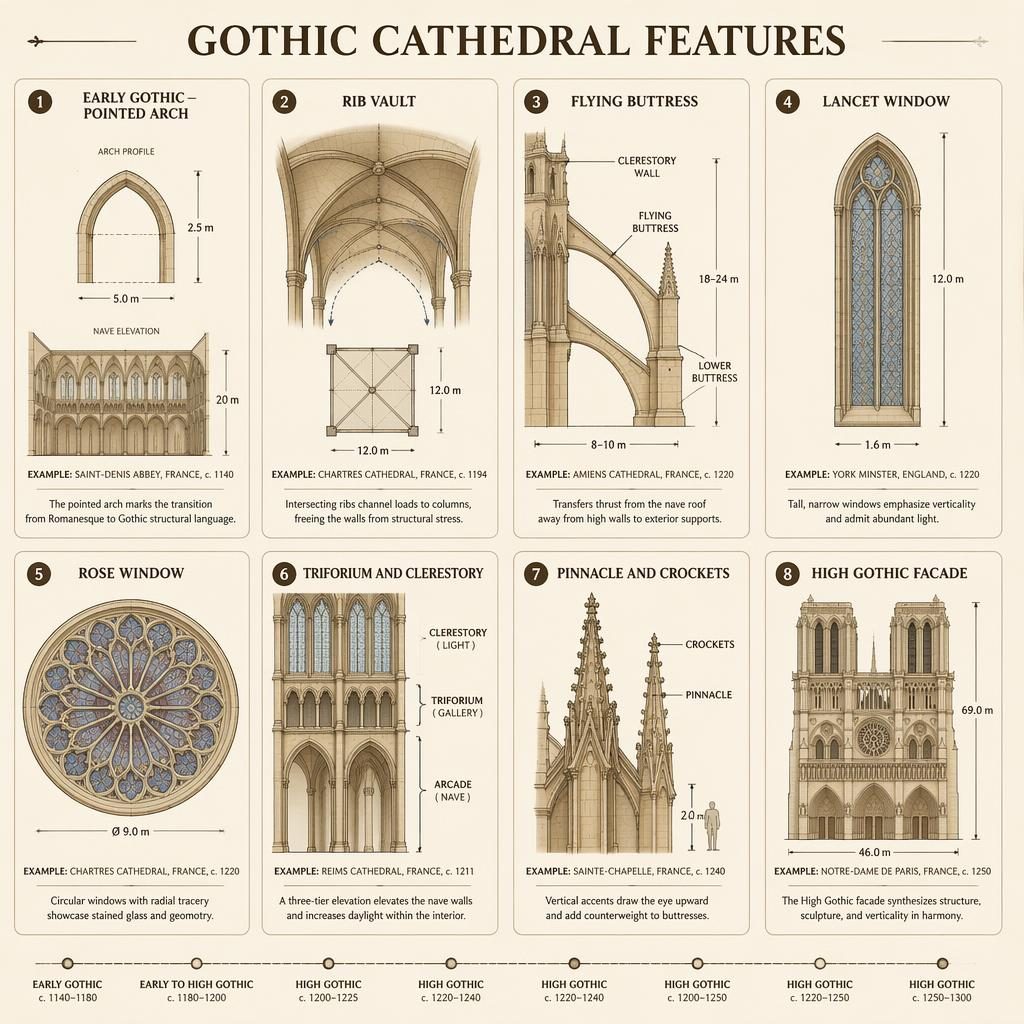 Grid infographic of 8 Gothic cathedral feature cards with diagrams, warm stone palette, parchment background, and timeline cues.