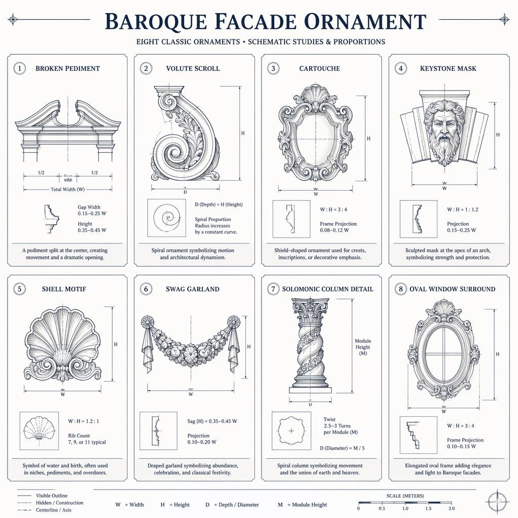 Monochrome infographic grid of 8 Baroque facade ornament schematic cards with line drawings, English labels, and notes.
