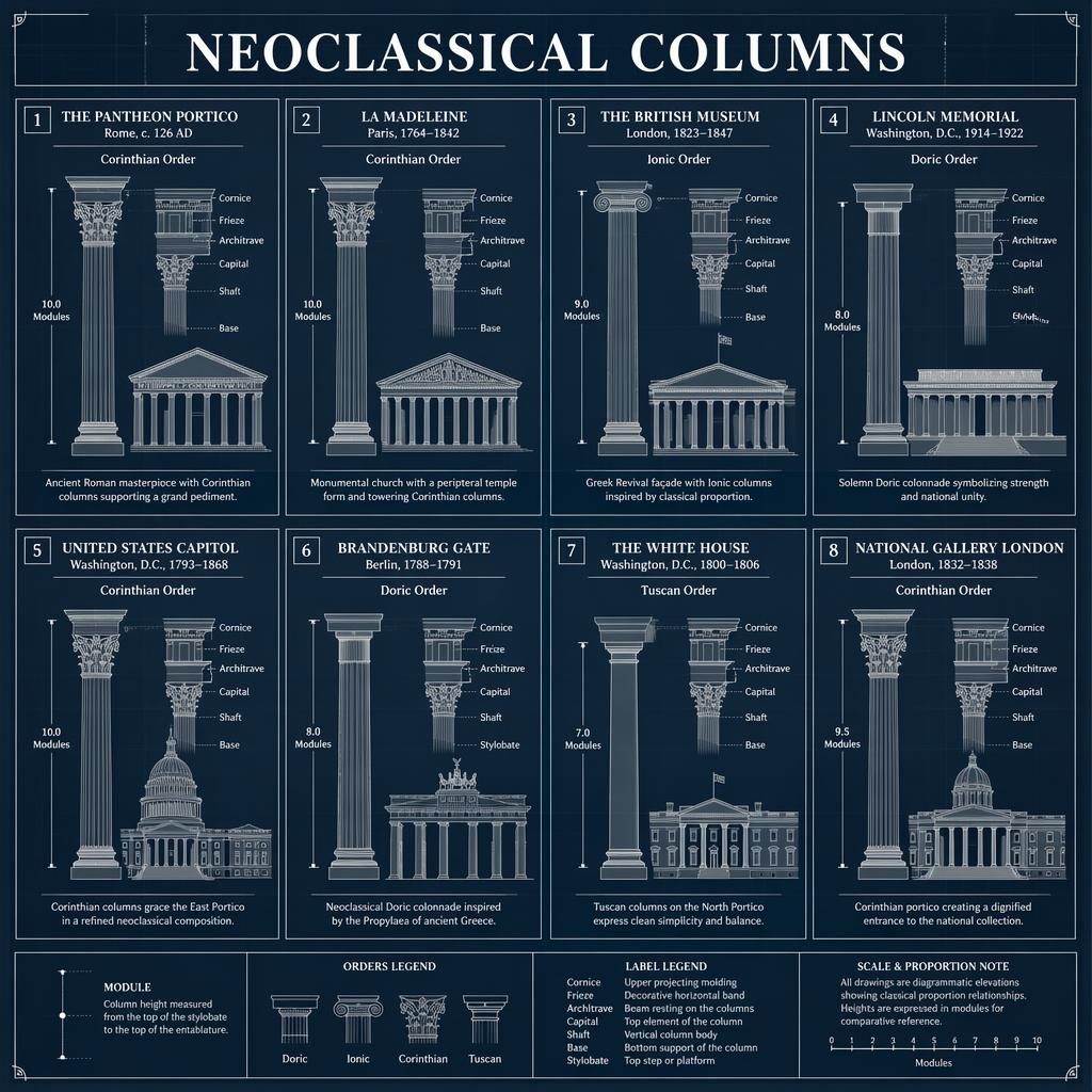 Monochrome infographic grid of 8 neoclassical column cards with building elevations, entablature diagrams, and English labels.