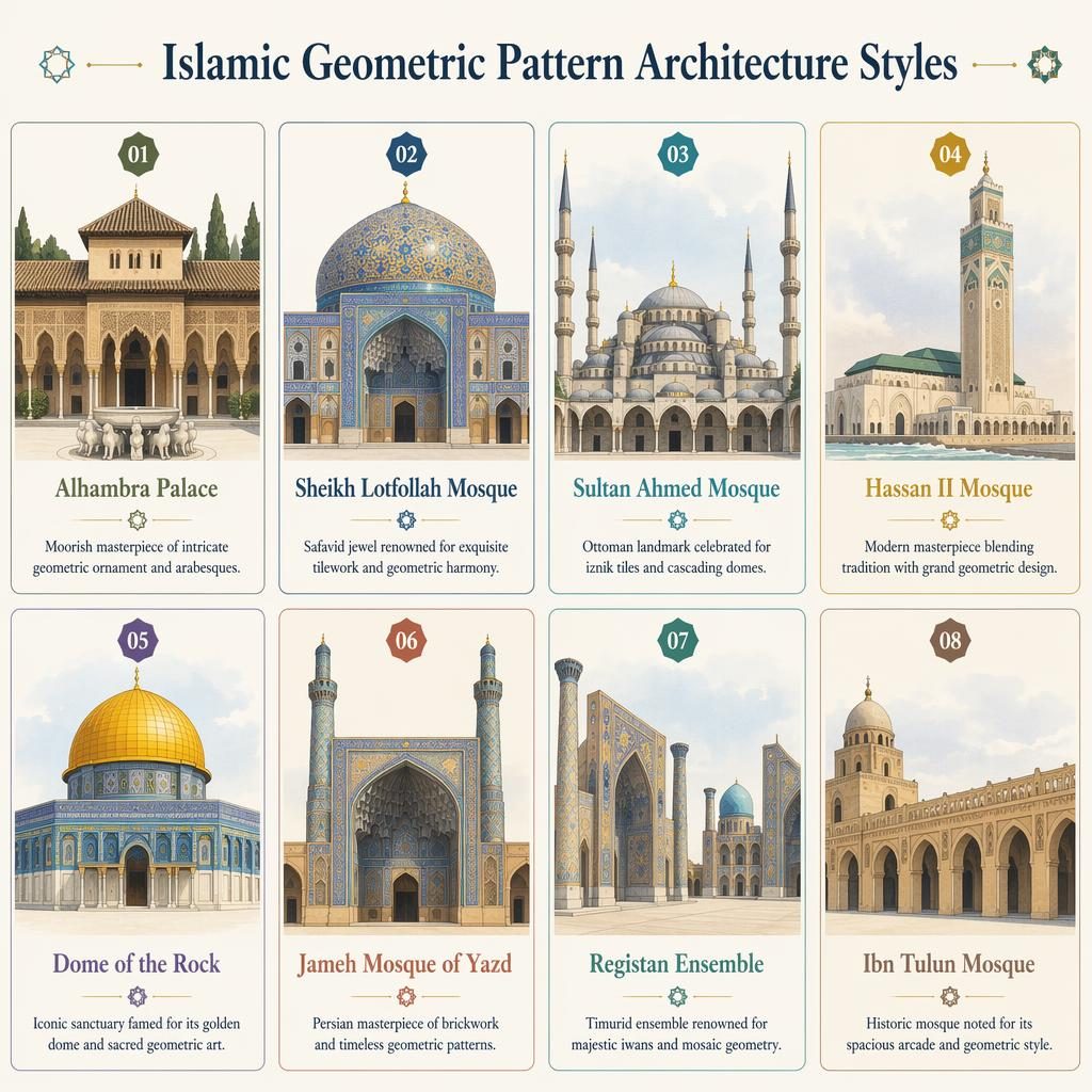 Grid infographic with 8 illustrated Islamic landmarks showing domes, iwans, tilework, and geometric ornament in soft colors.