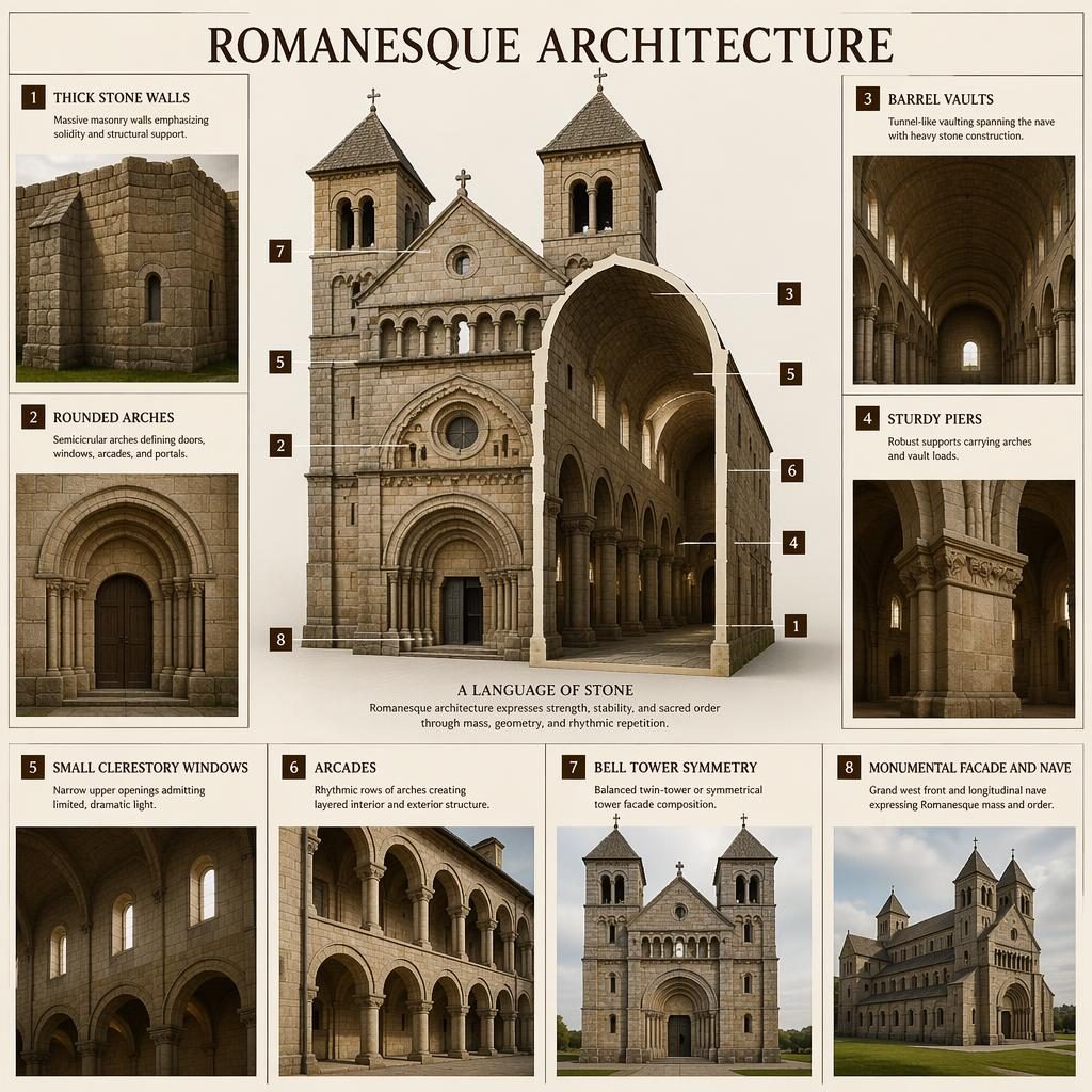 Infografik zur romanik architektur mit 8 Karten, Kirchenfassade, Langhaus, Schnittdetails, Rundbögen und Steintexturen