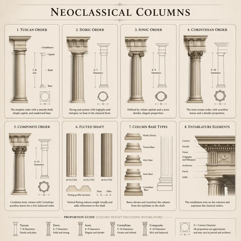 Grid infographic of 8 neoclassical column cards with accurate capitals, bases, shafts, and entablature diagrams.