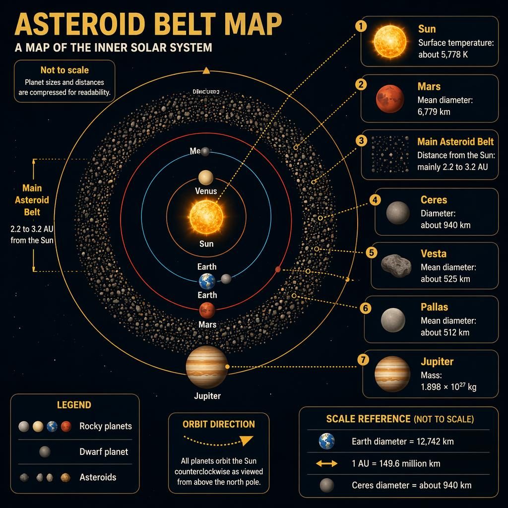 Astronomy infographic of the inner Solar System with the Sun, planet orbits, Main Asteroid Belt ring, labels, facts, and not-to-scale note.