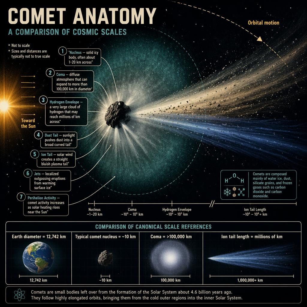 Retro astronomy infographic showing comet anatomy with labeled nucleus, coma, hydrogen envelope, dust tail, ion tail, jets