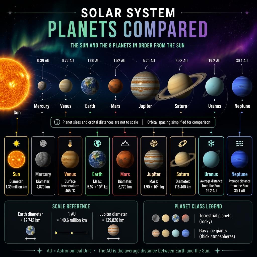 Editorial astronomy infographic showing the Sun and 8 planets in order with labels, facts, legend, and scale notes.