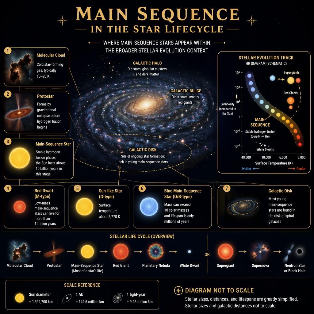 Dark astronomy infographic of the main sequence in the star lifecycle with spiral galaxy diagram, 7 labeled callouts, and scale notes.