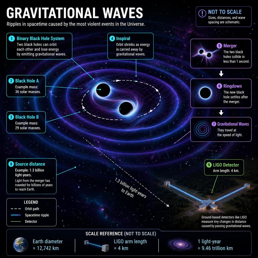Kids astronomy infographic of binary black holes, spacetime ripples, LIGO labels, legend, and not-to-scale orbital diagram.