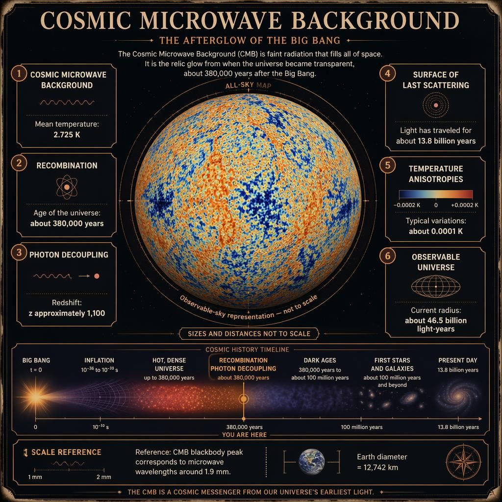 Vintage-style astronomy infographic of the Cosmic Microwave Background with false-color sky map, timeline, labeled facts, and metric panels.