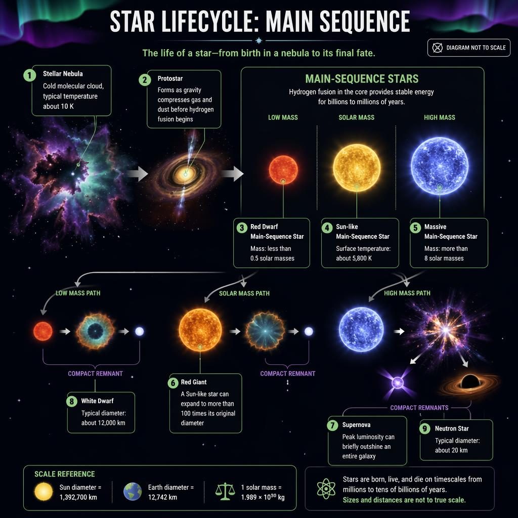 Astronomická infografika zobrazuje vývoj hvězdy od mlhoviny přes protohvězdu k hlavní posloupnosti a koncovým stavům.