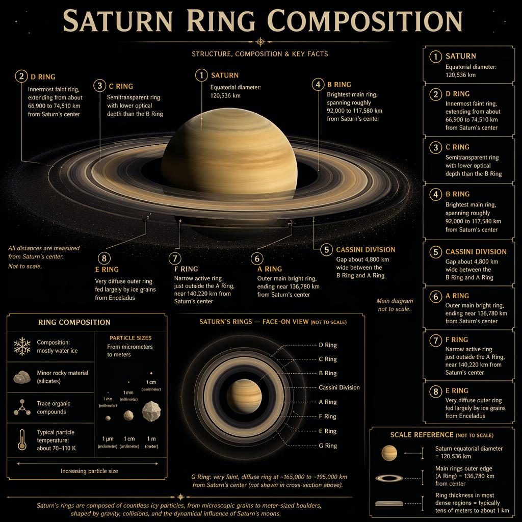Vintage-style Saturn ring composition infographic with labeled rings, materials, particle sizes, and not-to-scale notes.