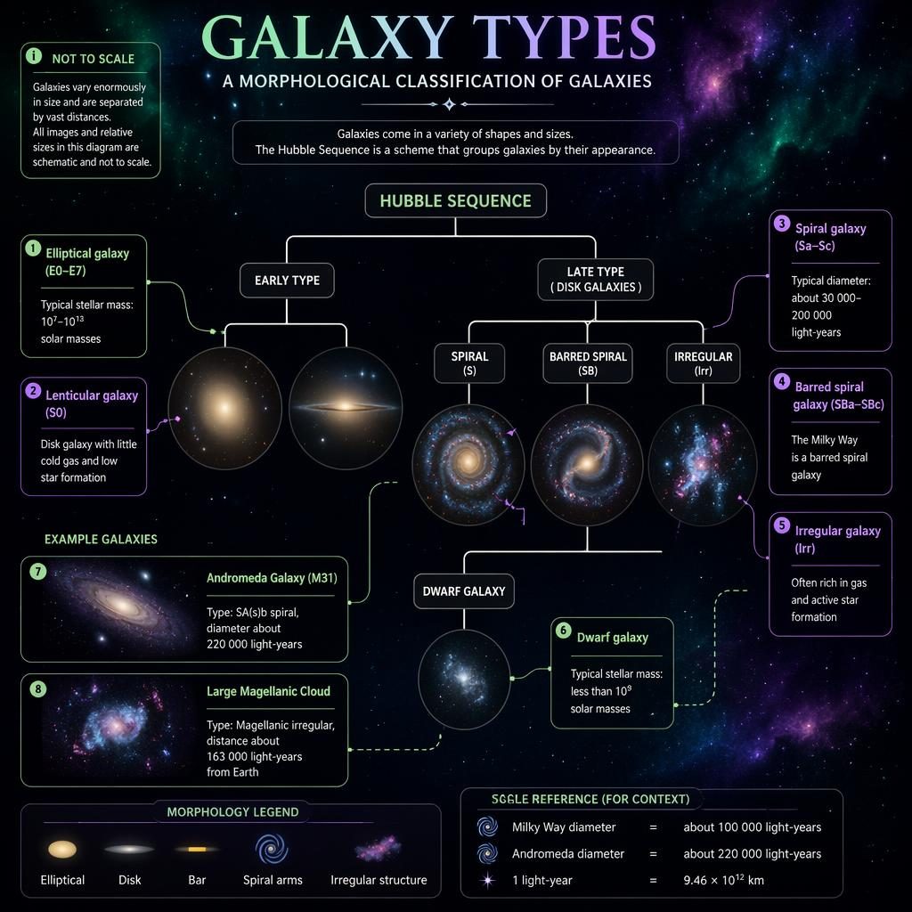 Infographie astronomique sombre montrant la classification des galaxies, schéma central, légendes anglaises et repères d’échelle.