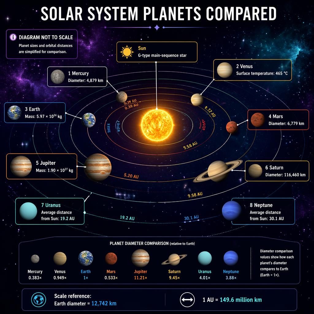 Astronomy infographic of the Sun and 8 planets on orbital paths with labels, facts, scale notes, and dark nebula background.
