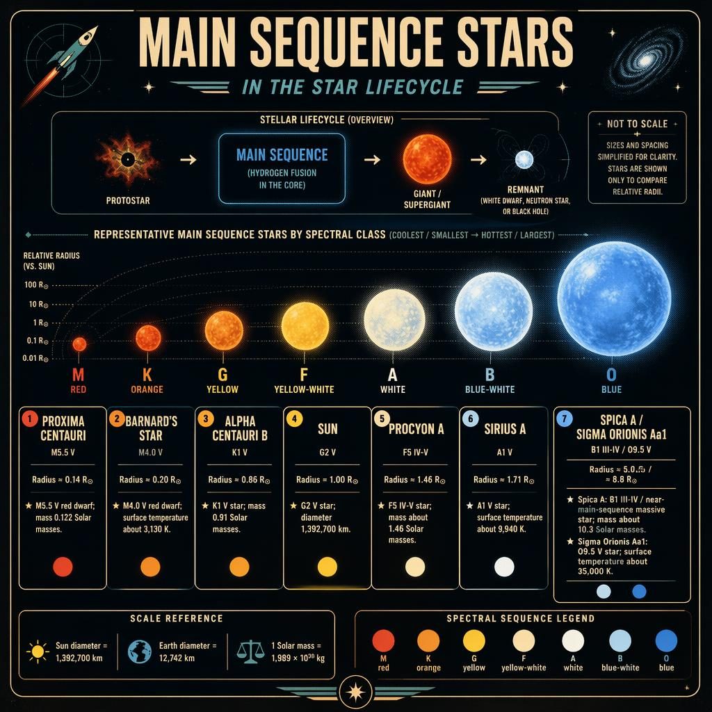 Infografía astronómica retro con comparación horizontal de estrellas M a O, notas, leyenda espectral y ciclo estelar destacado.