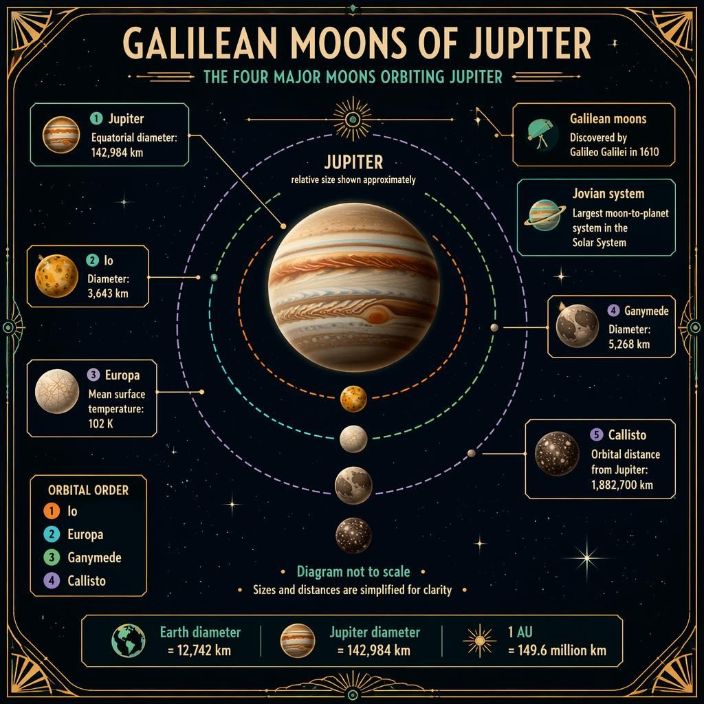 Astronomy infographic of Jupiter and the four Galilean moons in orbital order with labeled callouts, legend, and scale notes.