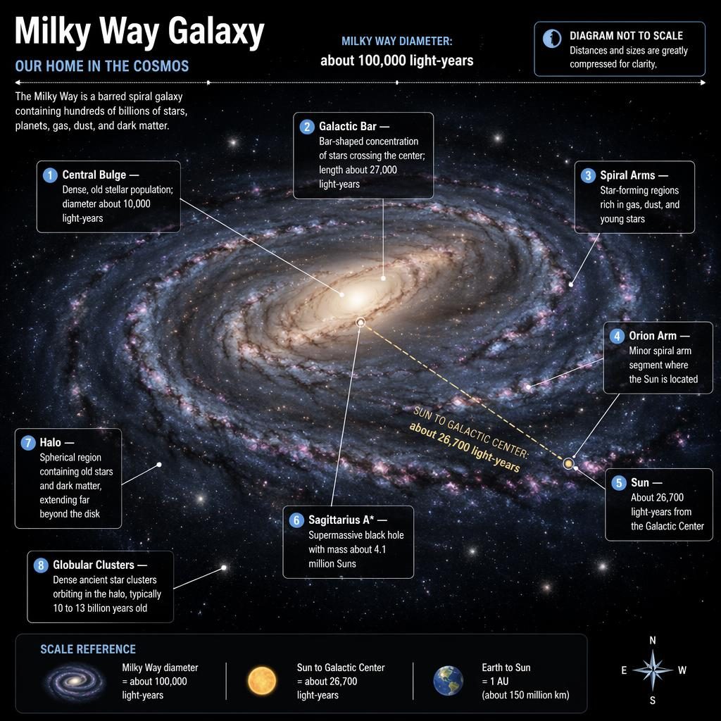 Infografika Drogi Mlecznej z poprzeczką, ramionami spiralnymi, Słońcem, Sagittarius A*, halo i opisami skali.