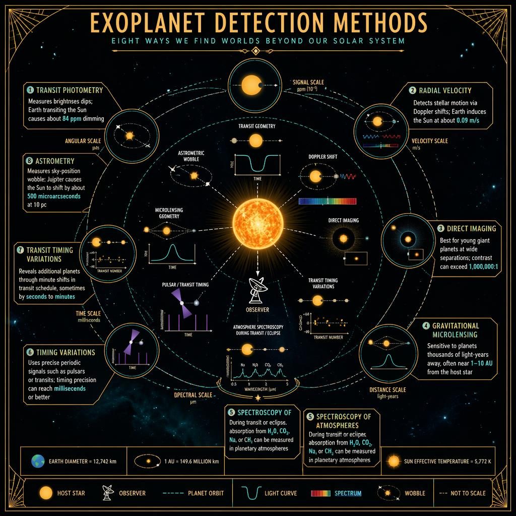 Astronomy infographic with star-centered orbital layout comparing 8 exoplanet detection methods, legend, callouts, and scale strip.