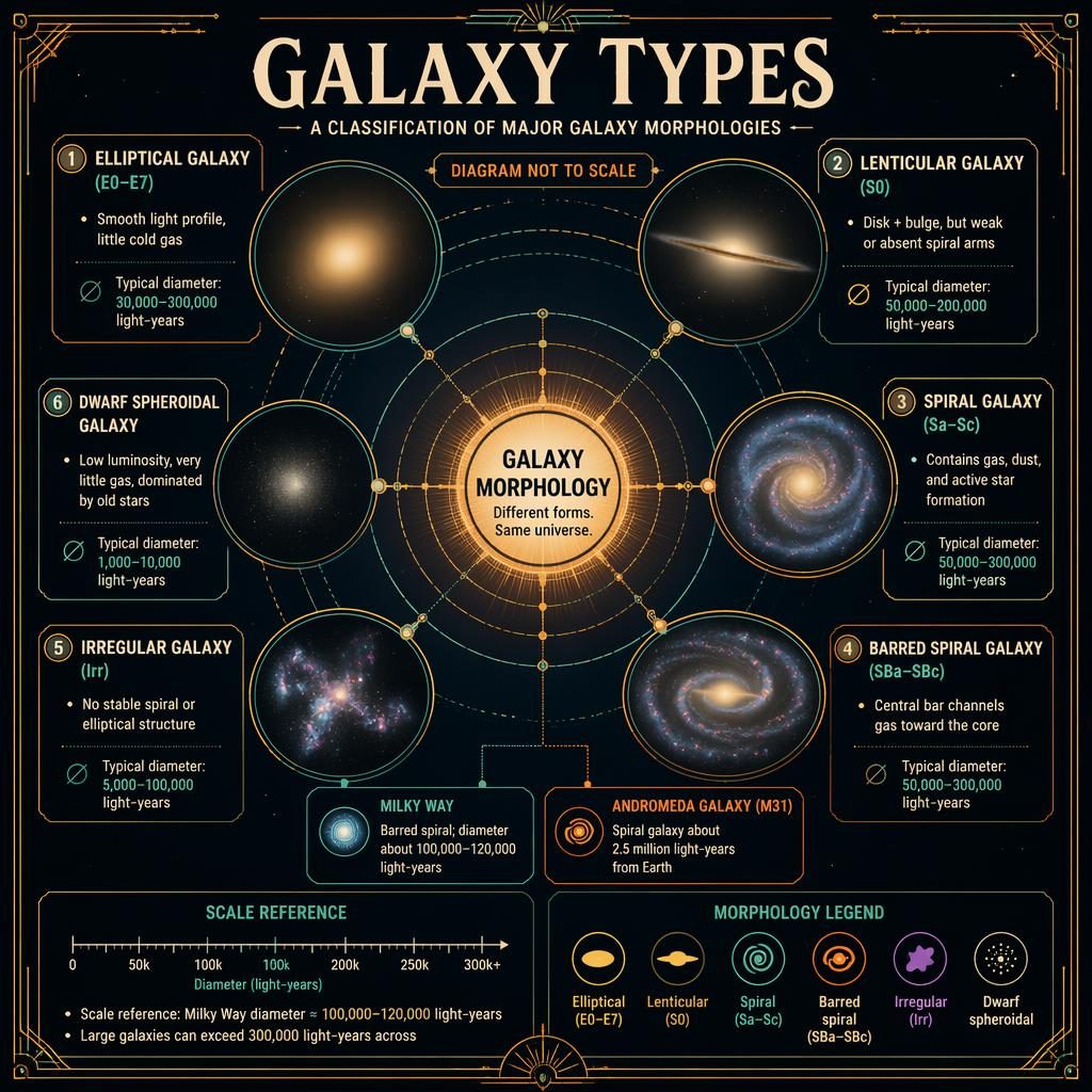 Astronomická infografika porovnává typy galaxií v radiálním rozvržení inspirovaném sluneční soustavou s anglickými štítky.